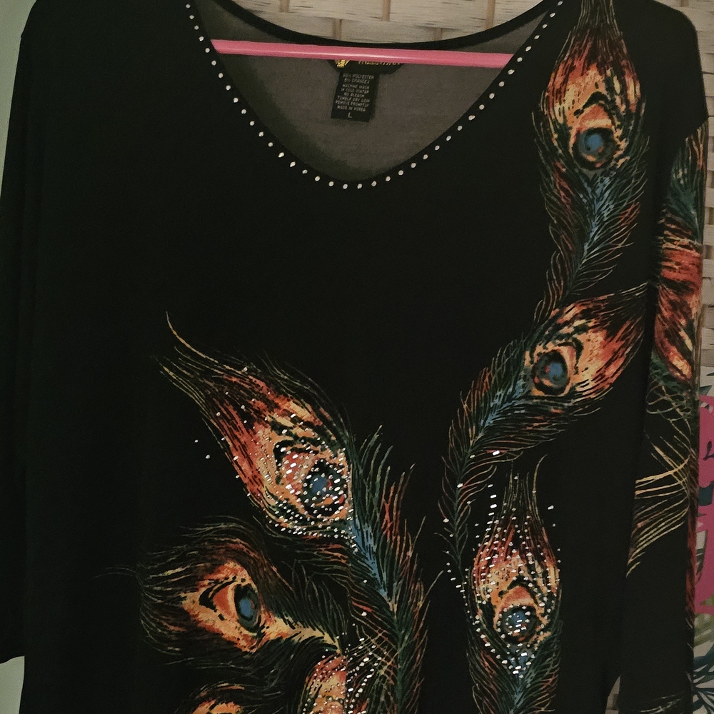 Valentina Black Top with Colorful Feather Design